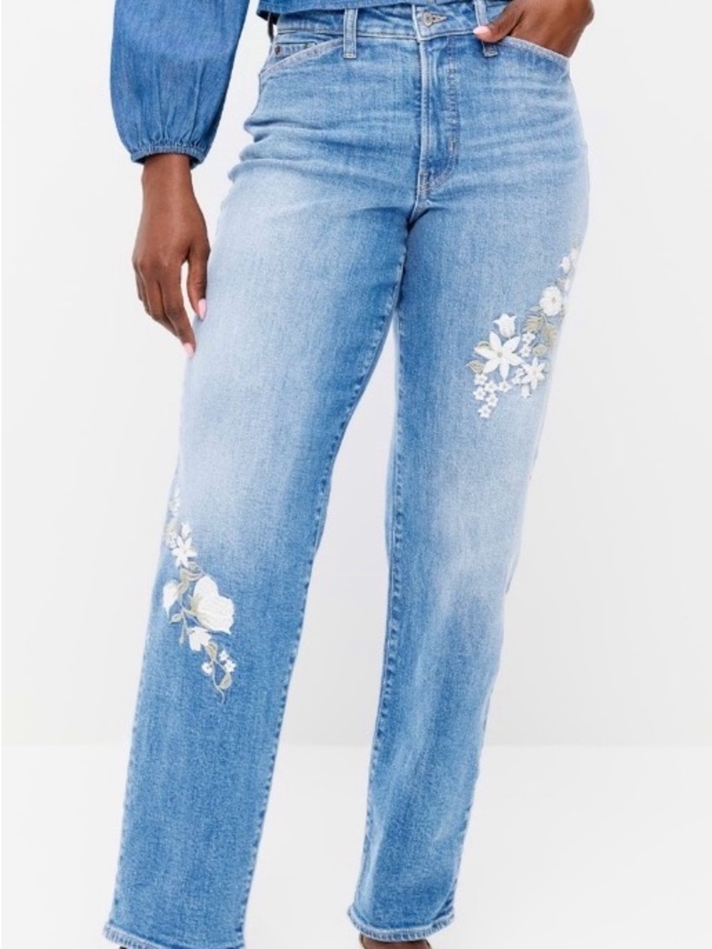 Old Navy Blue Straight-Leg Jeans with White Floral Appliqué